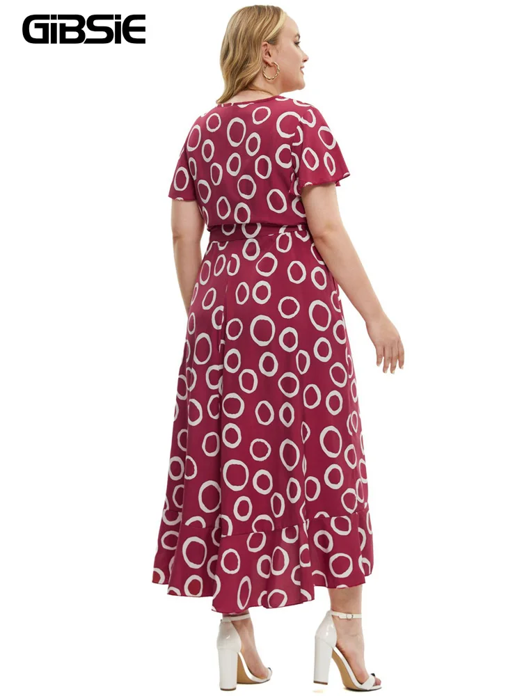 GIBSIE – robe longue à imprimé, grande taille, décontractée, ourlet à volants, ceinture, manches courtes, vacances, plage, style Boho, été