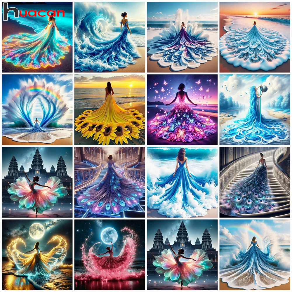 Huacan Cross Stitch Kits Woman With 11ct Printed Canvas DIY Embroidery Landscape Evening Dress Beach Handamde Gift Wall Decor