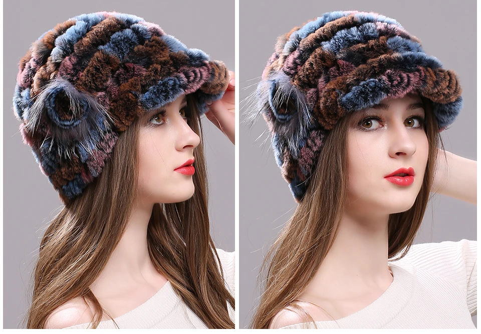 Winter Pelz Hüte für Frauen Rex Kaninchen Fell Elastische Gestrickte Hut mit Blume Pelz Hut Großhandel Baseball Kappe Weibliche Echtpelz Bonnets – Detail 12