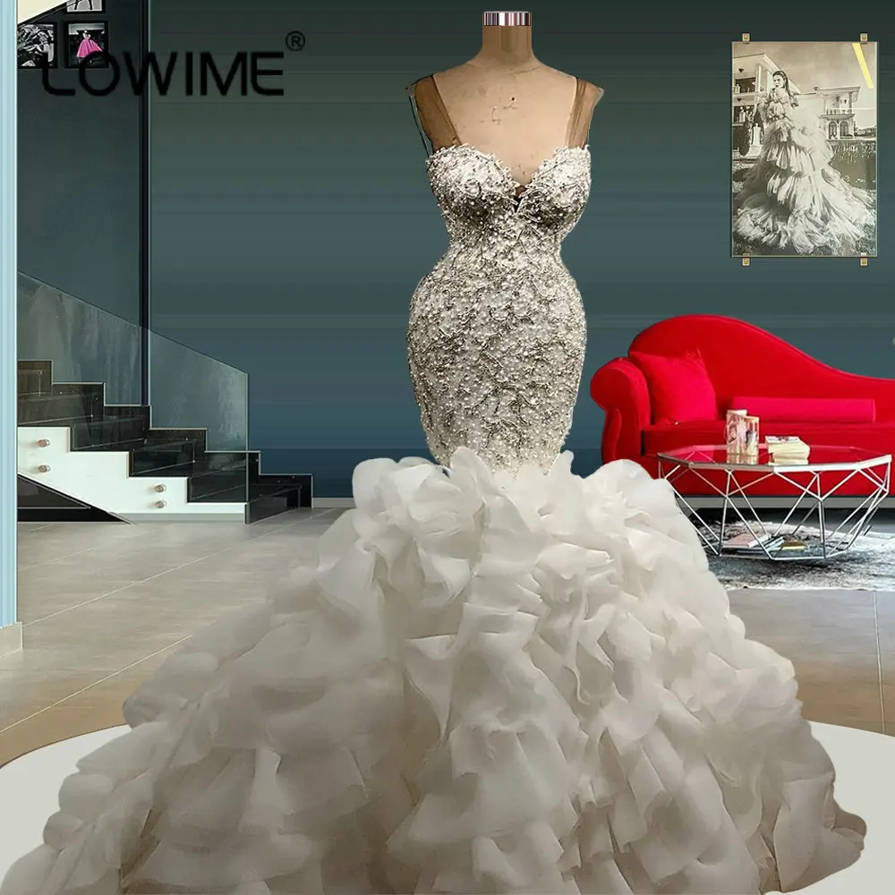 

Luxury Beaded Ruffles Mermaid Weddng Dresses with Long Train Sweetheart African American Sexy Backless Bridal Gowns Customize