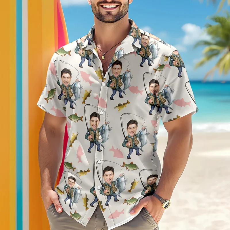

Personalized Photo Fishing Man Hawaiian Shirt Custom Your Photo Aloha Shirt For Dad Grandpa Funny Fisherman Gift Beach Shirt