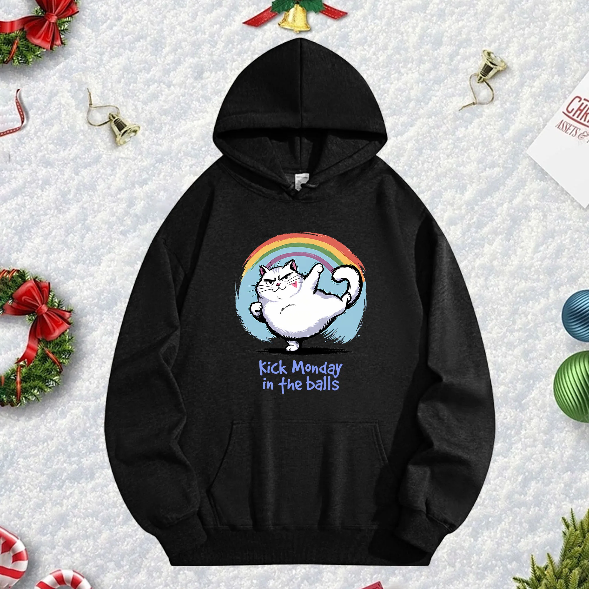 

Черная толстовка Kick Monday 270G для мужчин и женщин, уютный флисовый пуловер большого размера на осень/зиму, рождественский сезон