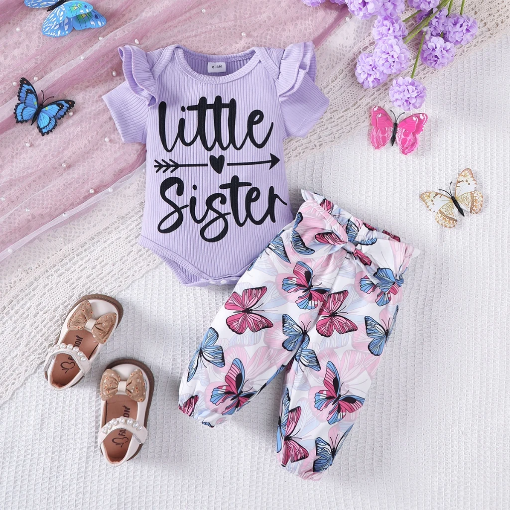 

0-18 Months Newborn Baby Girl Short Sleeved Clothing Set Purple Bodysuit+Colorful Butterfly Pants Summer Toddler Girl Clothes