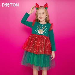 DXTON Girls Christmas Dress Flying Sleeve Toddlers Princess Dress Xmas Party Kids Dress Elk Sequin New Year Gift Children Clothe