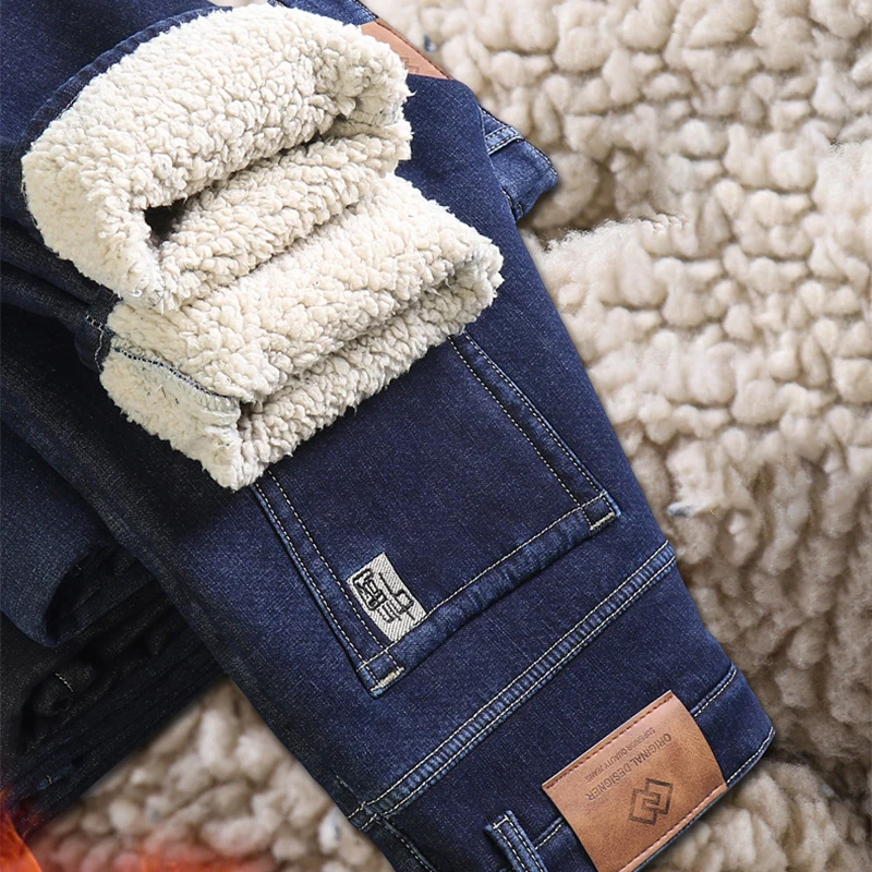 New Winter Men's Fleece Warm Jeans Classic Business Fashion Casual Stretch Fit Denim Pants Thicken Wool Warm Trousers Plus Size