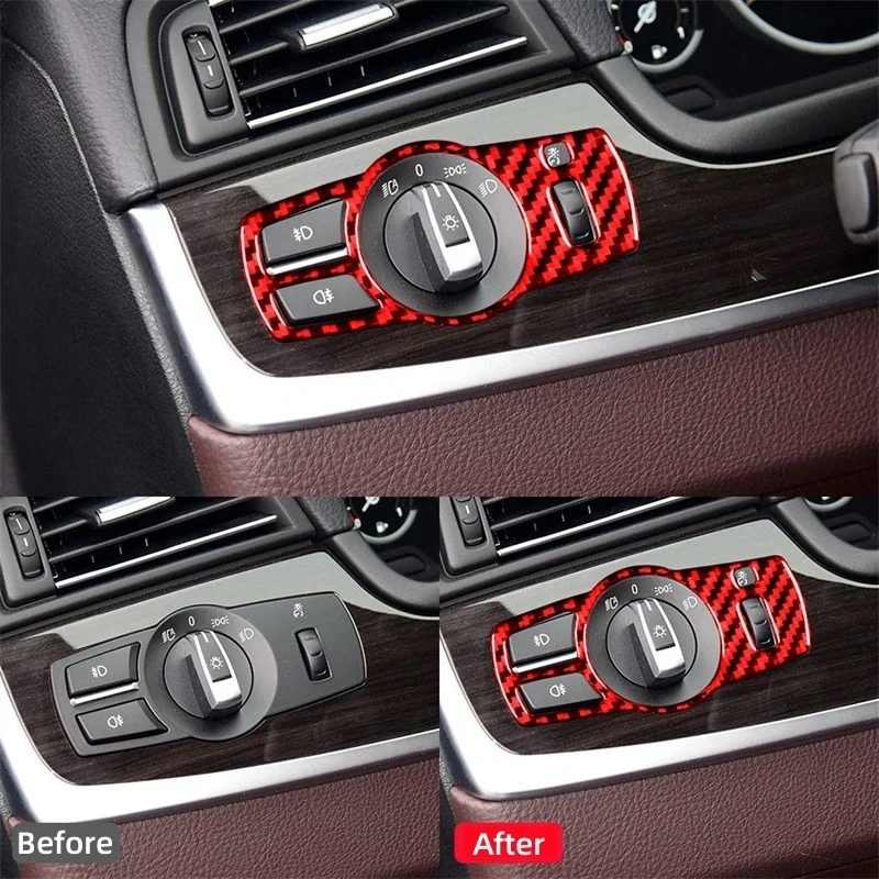 For BMW 5 Series Car Headlight Switch Decoration Frame Trim Cover Stickers Red Or Balck Carbon Fiber Interior 2025 Cover Sticker