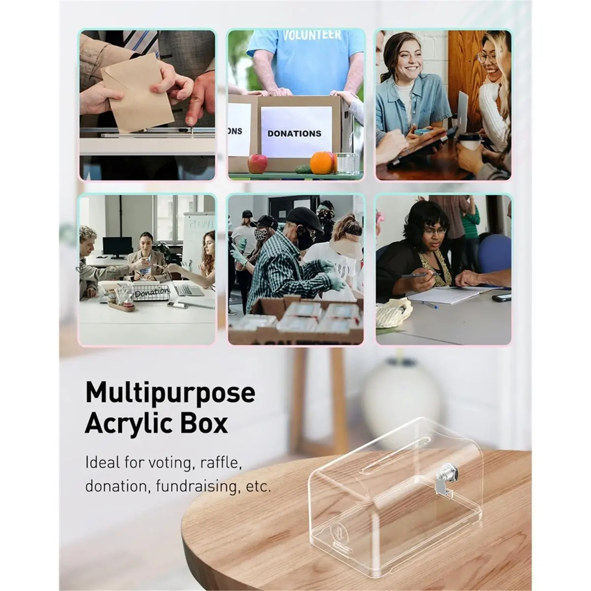 

A89X Acrylic Donation Box for Fundraising, Clear Suggestion Box with Slot and Lock, Desktop Ballot Boxes Tip Jar