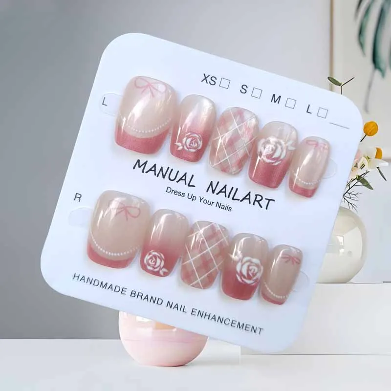 10 pezzi stile francese plaid fiore rosa occhio di gatto stampa sulle unghie griglia di ciliegio toppe per unghie staccabili adesivo per manicure patch per unghie finte