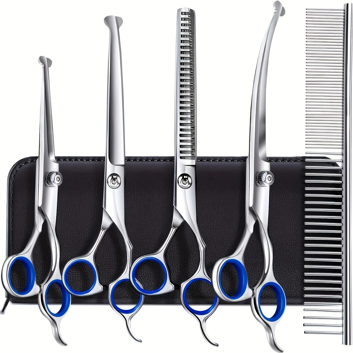 6-in-1 Titanium Coated Professional 4CR Stainless Steel Dog Grooming Scissors with Safety Round Tip, Heavy Duty Pet Grooming Scissors for Dogs, Cats & Other Animals, Iron Alloy, Universal Hand Orientation