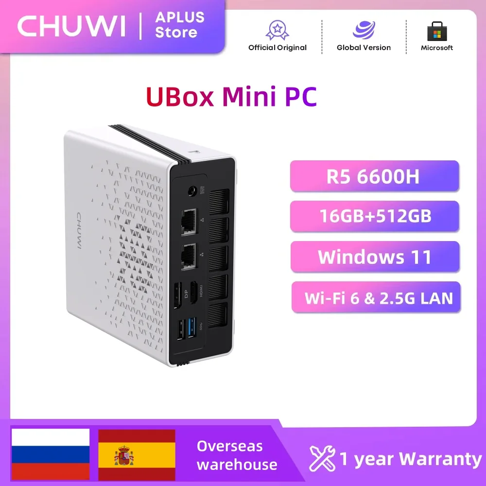 CHUWI UBox Mini PC AMD R5-6600H 6 ядер 12 потоков DDR5 16 ГБ 512 ГБ PCle 3.0 SSD Wi-Fi 6 и 2,5G LAN Настольный компьютер