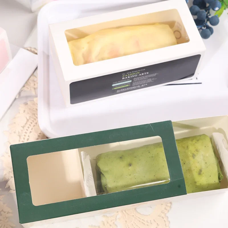 50 Pcs Colour Rectangle Cake Roll Packing Box Cardboard Clear Window West Point Baking Drawer Boxes Biscuit Muse Pack Paper Box