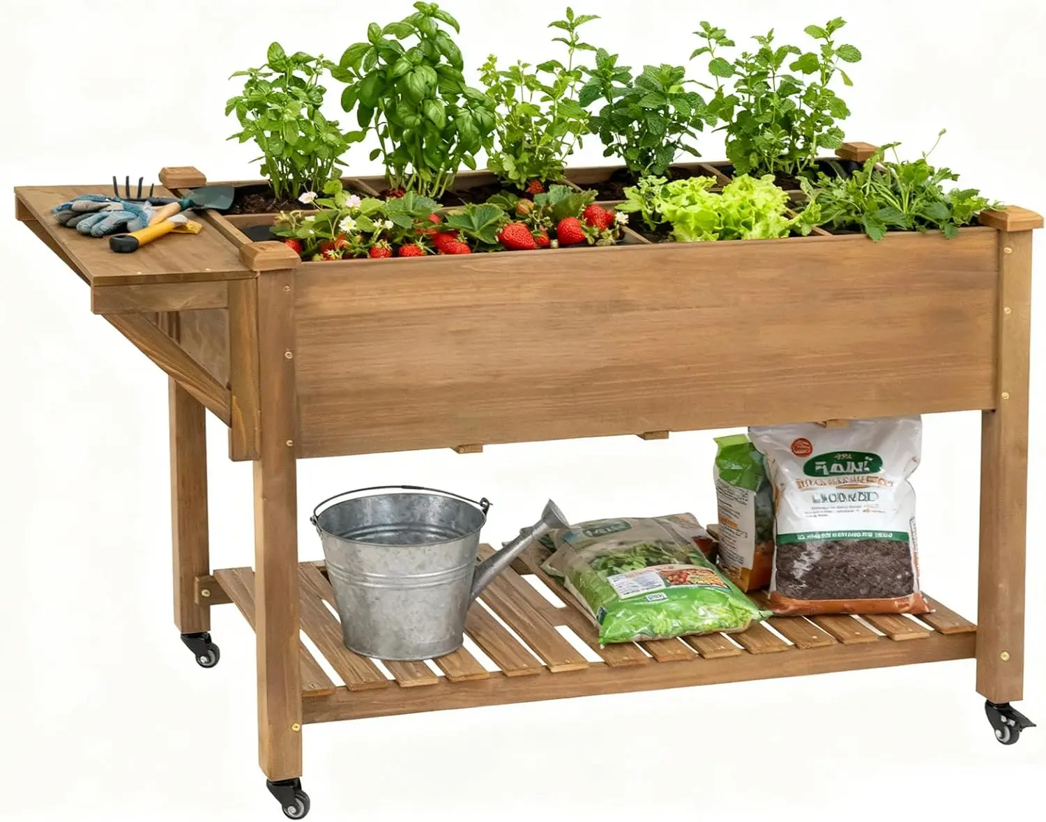 Outdoor Garden Bed with Wheels, Storage Shelf, Protective Liner, Table Ledge for Vegetable, Herb, and Flower Cultivation
