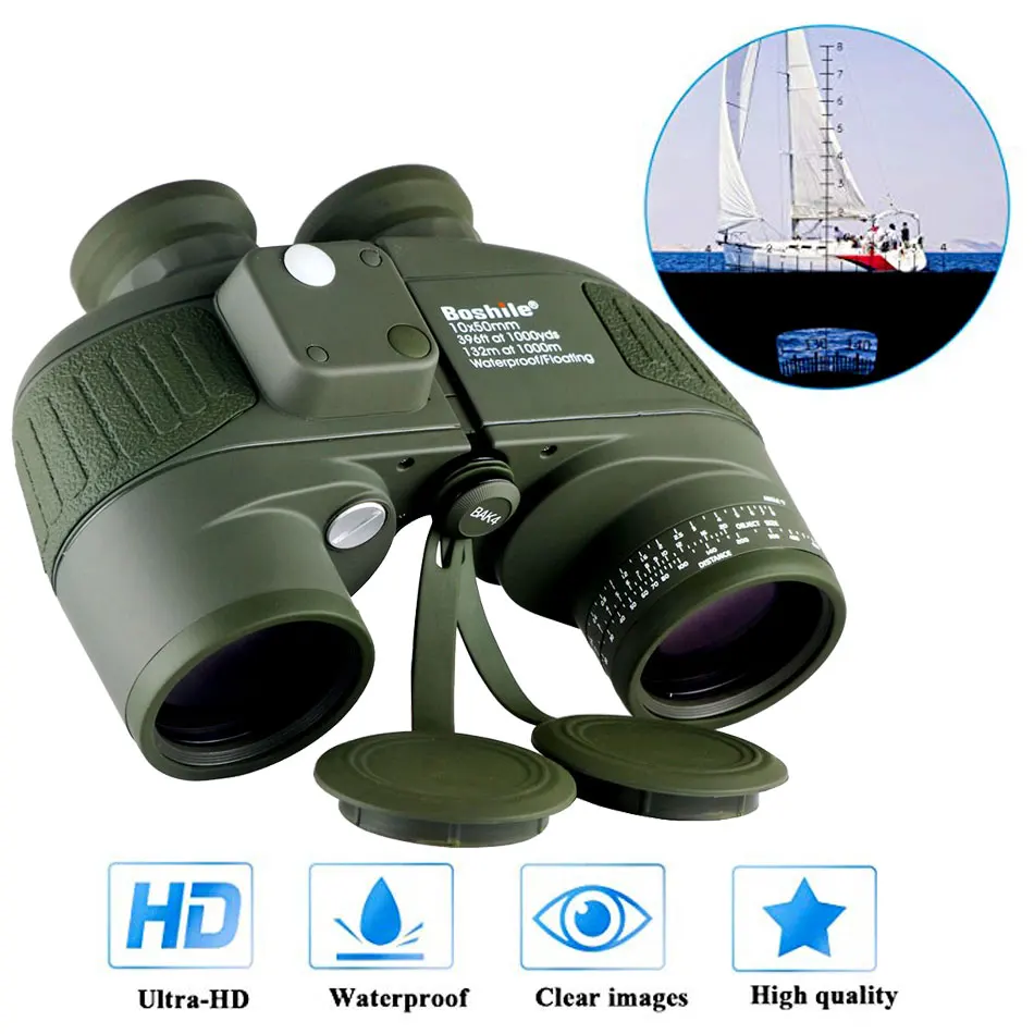 Boshile 10x50 Binoculars Marine Compass Telescope Zoom Rangefinder Navigation Hunting Big Eyepiece Waterproof Nitrogen Bak4