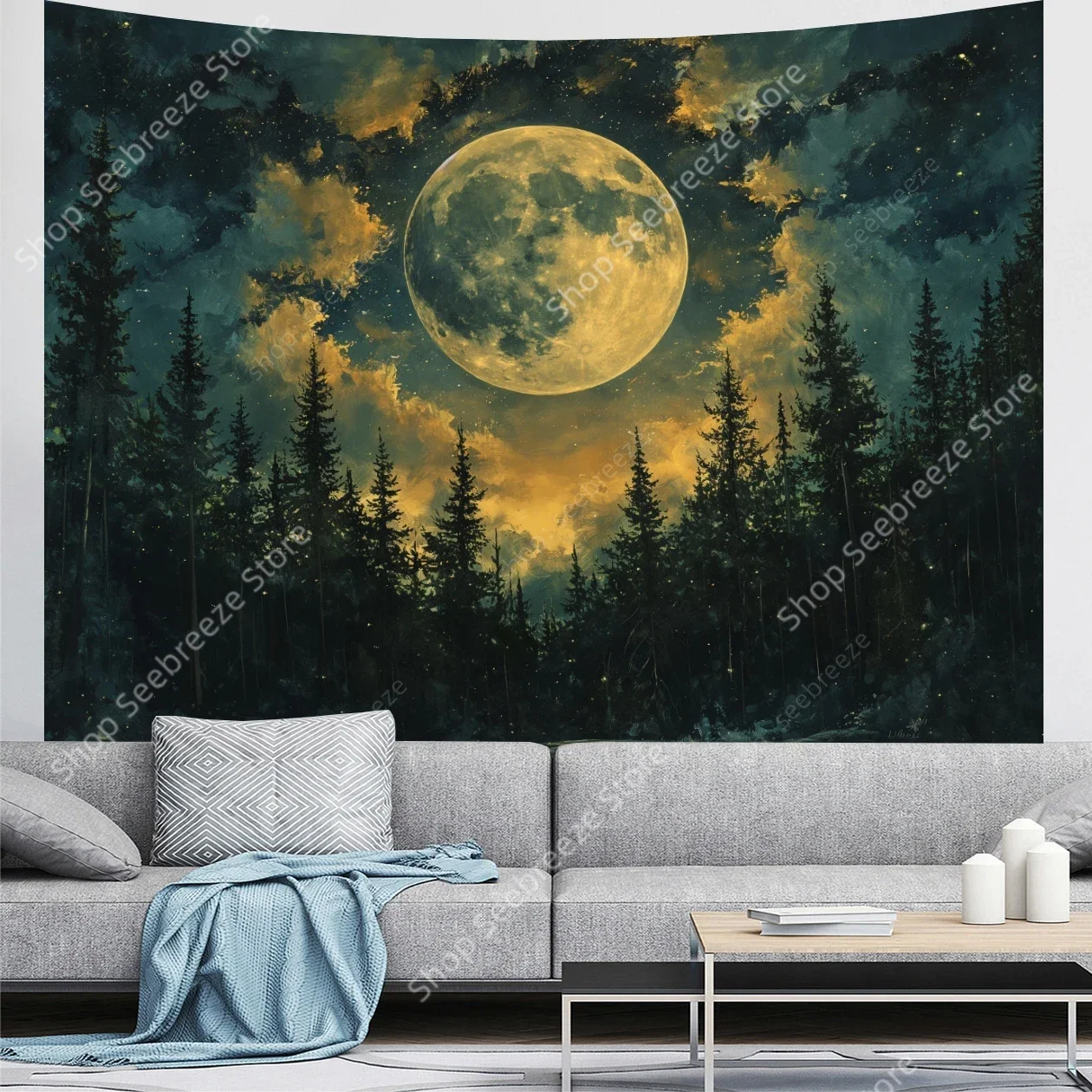 Moon Tapestry Psychedelic Forest Tree Tapestry Wall Hanging for Bedroom Ceiling Aesthetic Living Room College Dorm Hippie Decor