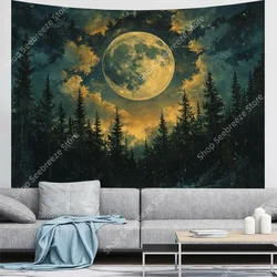 Moon Tapestry Psychedelic Forest Tree Tapestry Wall Hanging for Bedroom Ceiling Aesthetic Living Room College Dorm Hippie Decor