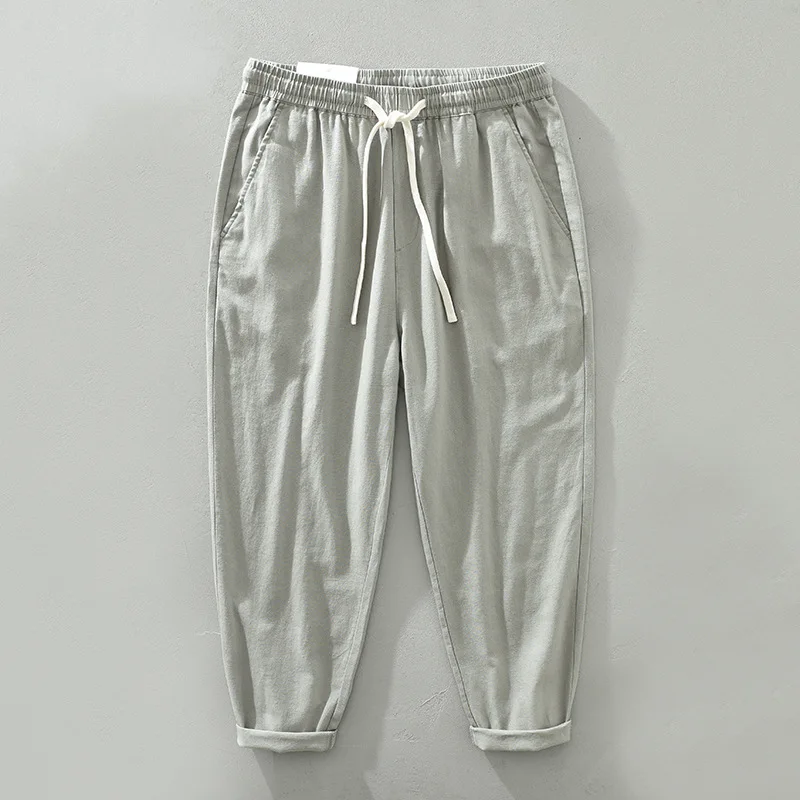 

Summer Mens Pants Japanese Vintage Cotton Linen Pants Men Drawstring Elastic Waist Pants Straight Nine Point Pants Breathable