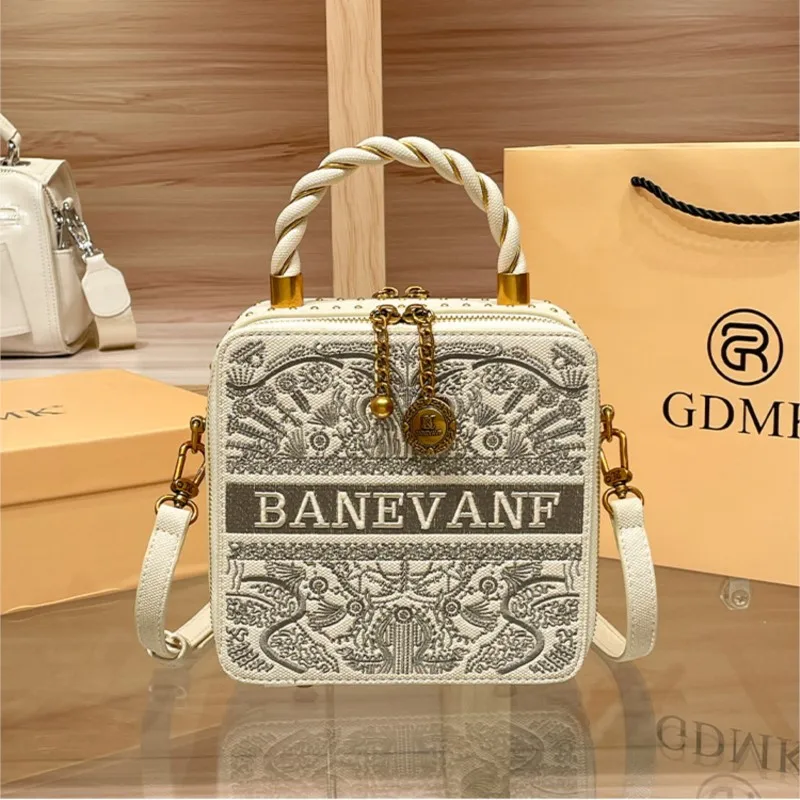 

Light luxury brand women's bag 2025 new embroidered box bag, fashionable designer high-end single shoulder crossbody bag