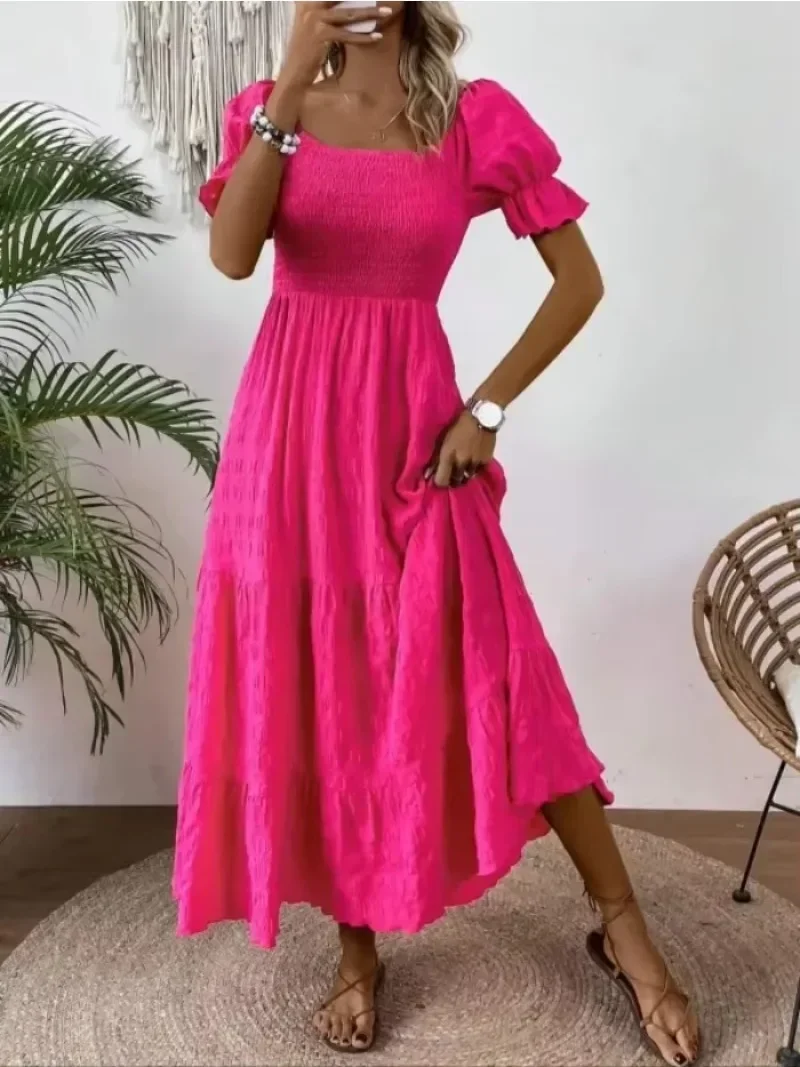 Plus Size 1XL-5XL Abito a tunica a maniche corte con collo quadrato da donna nuovo Abito maxi Abito elegante casual in tinta unita da donna