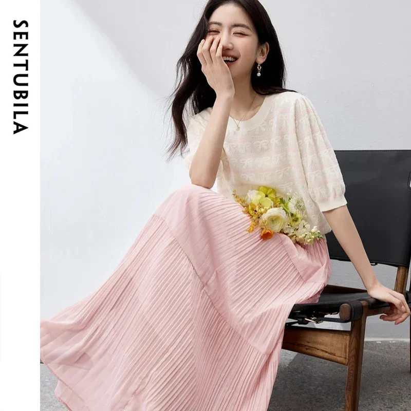 

SENTUBILA Women Skirt Sets 2026 Sweet Striped Knit Bow Tops Elastic Waist Folds Long Skirts Summer Two-Piece Set W52Z80565