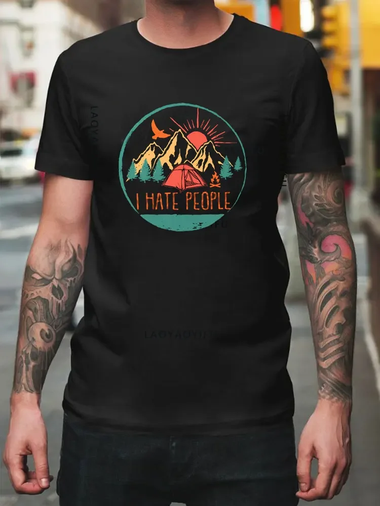 Vintage Adventure Tops Fit Appare I Hate People cotton Tshirt Short Sleeve Love Camping T-shirt Leisure Mountain Hiking Shirt