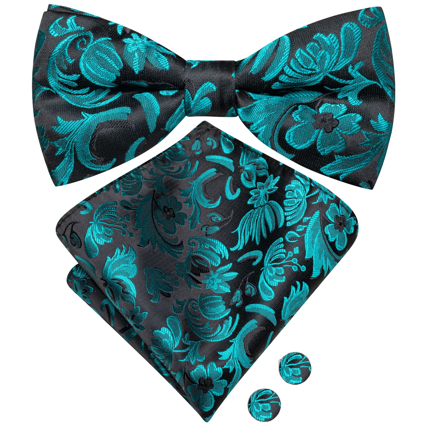 

Hi-Tie Teal Black Silk Mens Bow Tie Pocket Square Cufflinks Set Pre-tied Floral Butterfly Knot Bowtie for Male Wedding Business