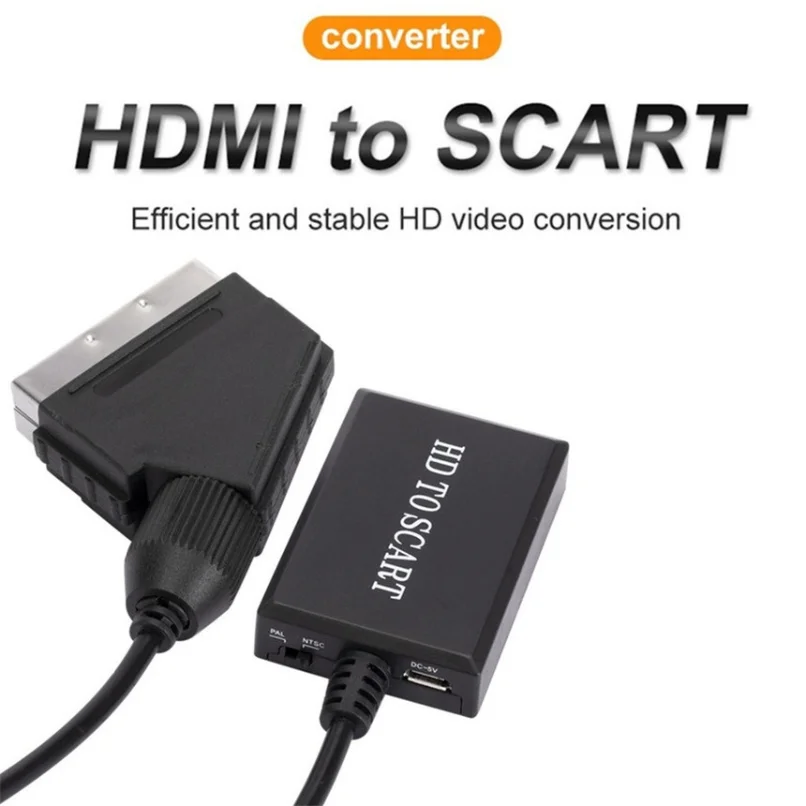 HDMI-Compatible To SCART Video Audio Converter Adapter for HD TV DVD for Sky Box STB Plug and Play DC Cable Upscale HD TO SCART