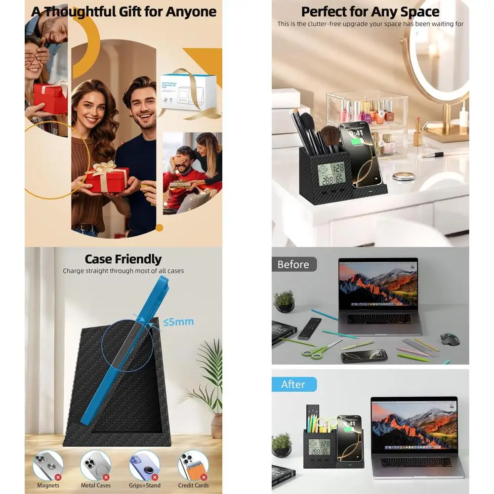 Wireless Charging Desk Organizer with Digital Thermometer, Humidity Monitor, and Storage for Home Office