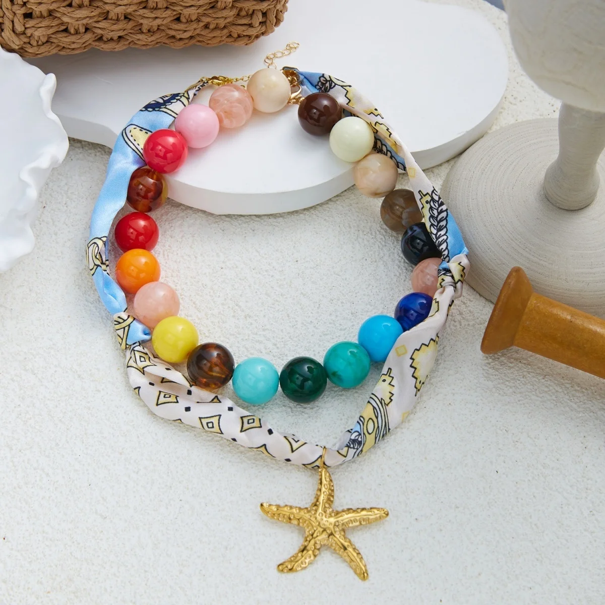 Bunter Acryl-Rundperlen-Schal mit Aufdruck, Seestern-Halskette für Frauen, Doppelschichtiger Edelstahl-Stern-Choker-Schmuck – Detail 22