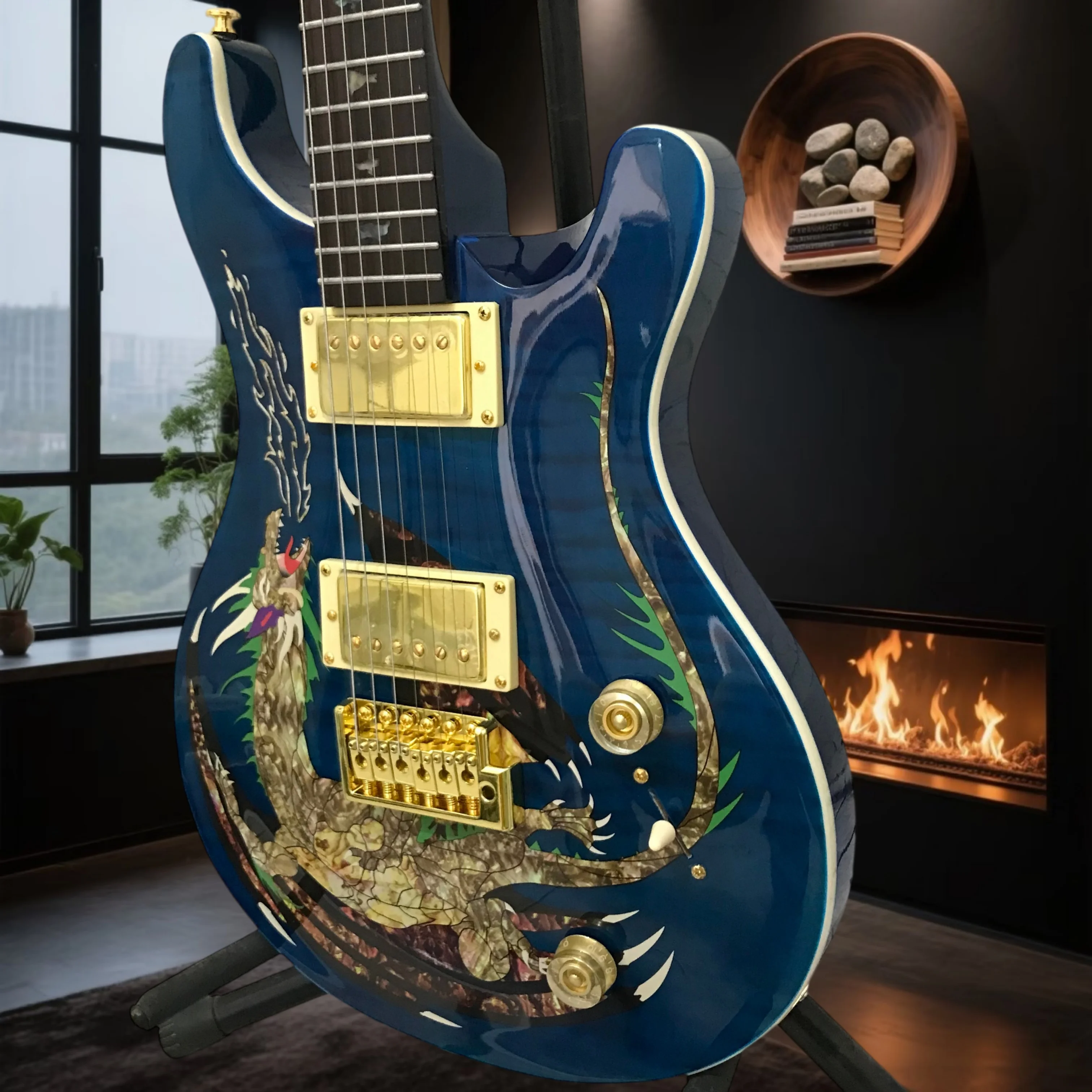 Blue Art Painted PRS Electric Guitar Small Tremolo Dual Humbucker Thick Tone Rock Hard Rock Stage Performance Advanced Player