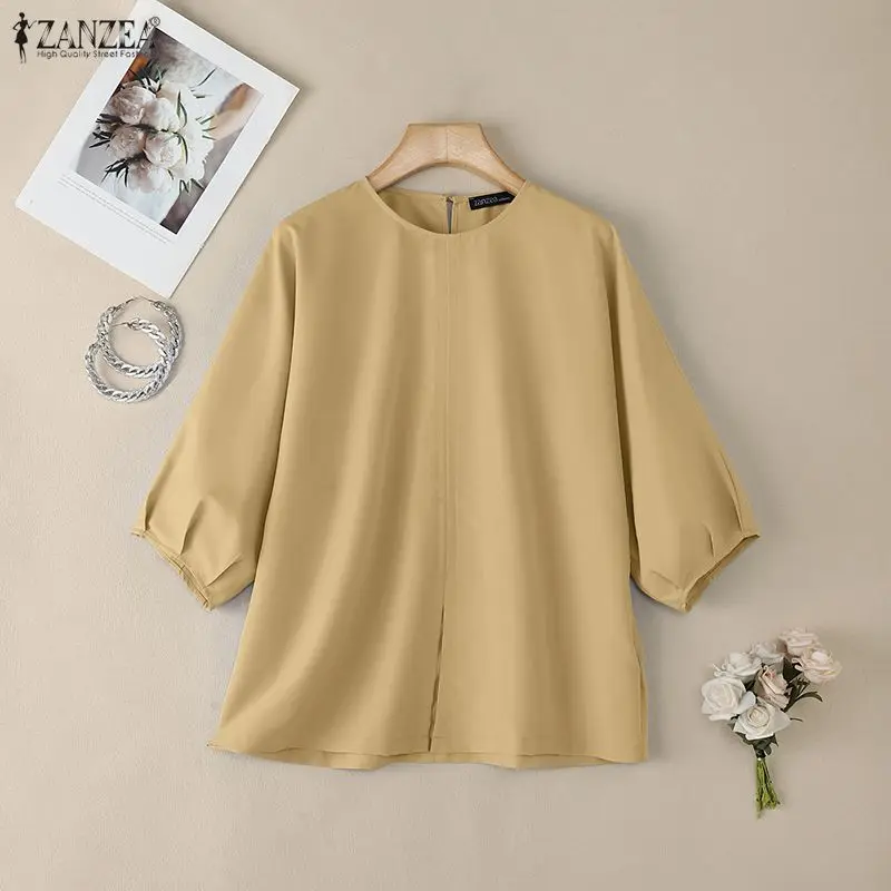 

2026 ZANZEA Women Summer Solid Color Blouse Stylish O Neck 3/4 Sleeve Tops Casual Baggy Work Blusas Mujer Female Chemise Shirt