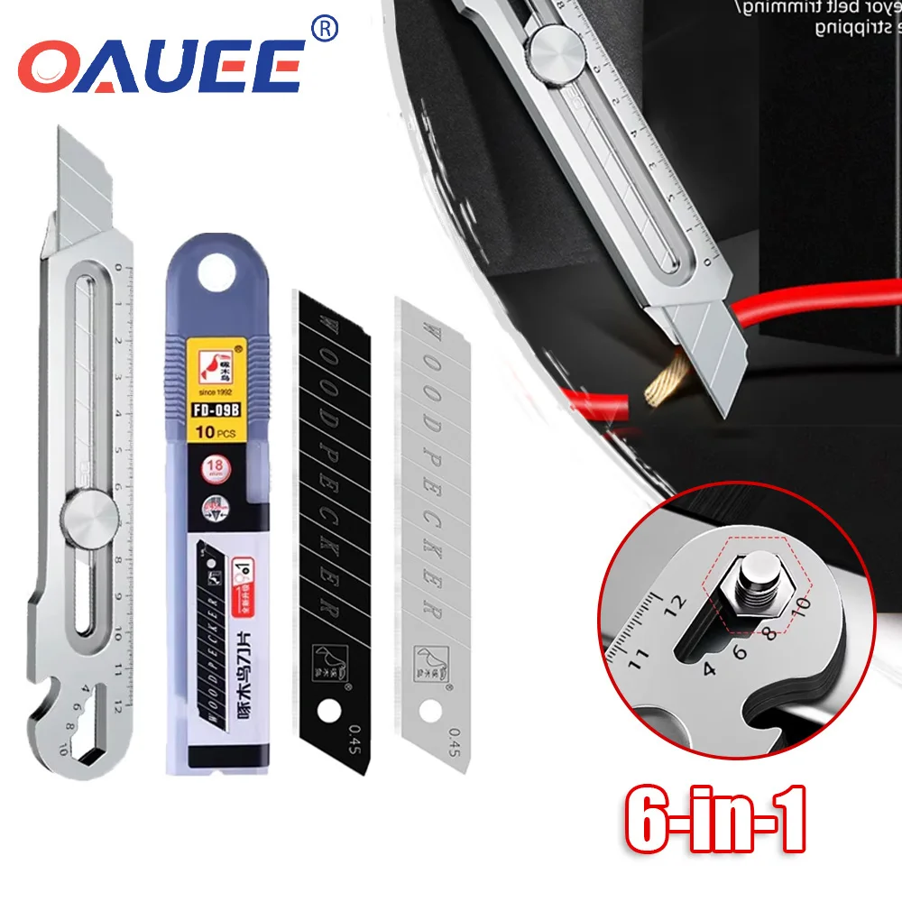 

6-in-1 Utility Stainless Steel Knife Multifunctional Tail Break Design/Ruler/Bottle Opener Cutting Knife With 18mm Blade Holder