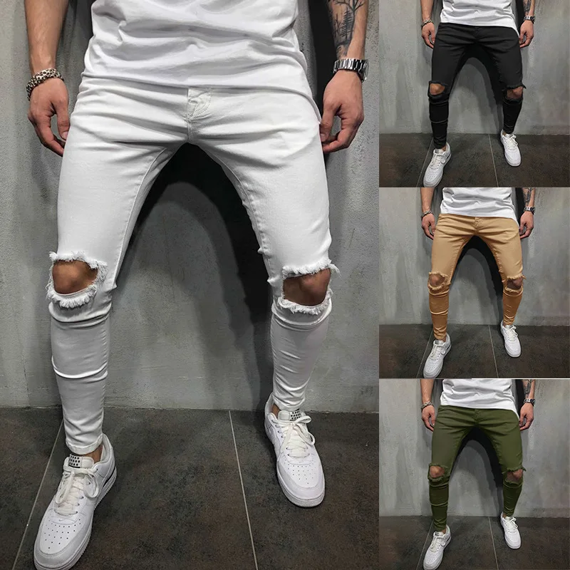 

Men New Stylish Streetwear Holes Skinny Jeans Trousers Male Distressed Ripped Cotton Stretch Slim Denim Pants