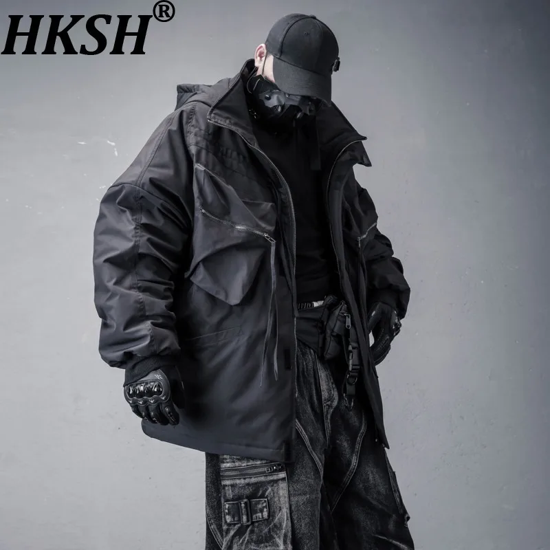 

HKSH Autumn Winter New Men Heavy Multi-pocket Thickened Hooded Jacket Dark Fashion Trend Ins Safari Style Loose Techwear HK16528