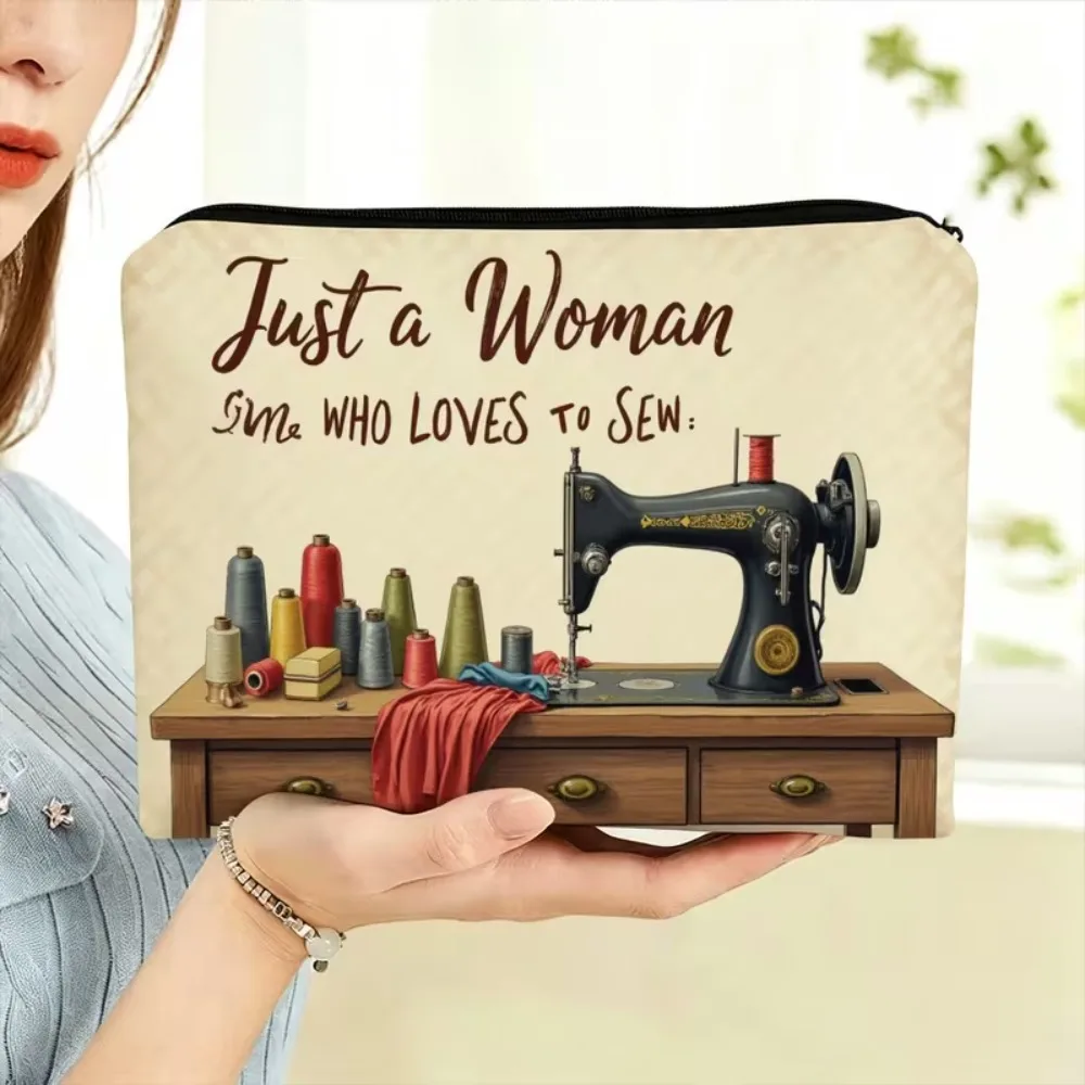 Just A Woman Who Loves To Sew Canvas Zipper Pouch Vintage Sewing Machine Print Storage Bag Gift for Sewing Lover Crafter Women