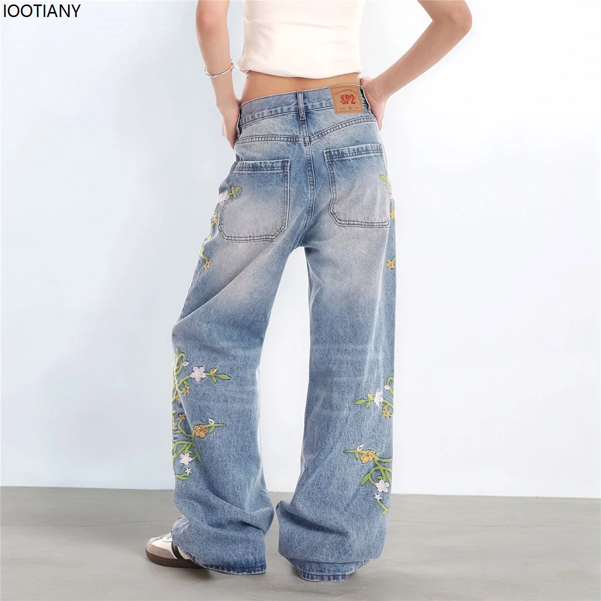 Vintage Floral Embroidery High Waist High Street Blue Straight Jeans Fashion Flower Women's Wide Leg Loose Jeans Y2k Casual Pant