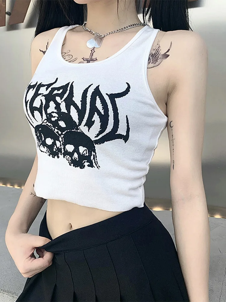 Punk dark summer sleeveless short crop with exposed navel skull print slim fit street top vest