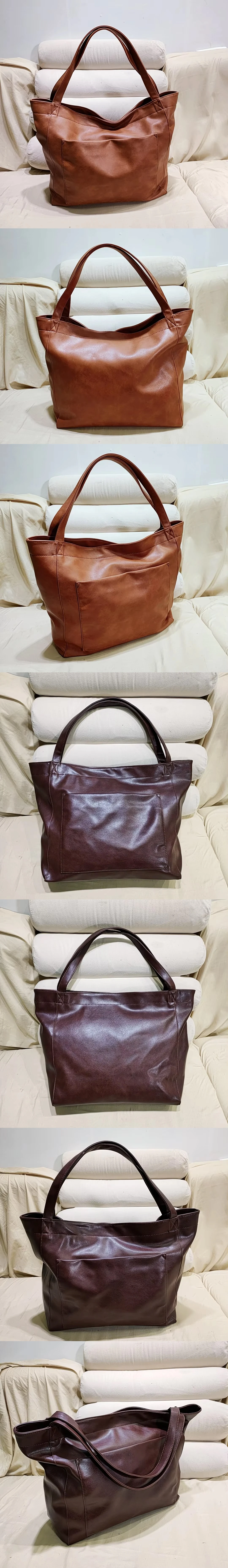 2025, Damentasche mit großem Fassungsvermögen und Seitentaschen, weiche Lederhandtasche, Schultertasche, Retro-Tragetasche aus gewachstem Leder für Damen – Detail 10