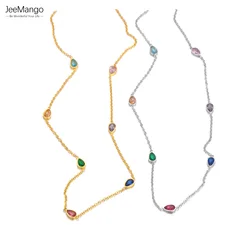 JeeMango Stainless Steel Colorful Cubic Zirconia Chain Necklace For Women Trendy Delicate Jewelry Bijoux Free Shipping JN23035