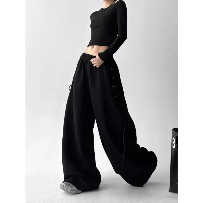 Women's Gray Oversized Sweatpants with Side Lace-Up Design Elastic Waist Casual Streetwear Trousers