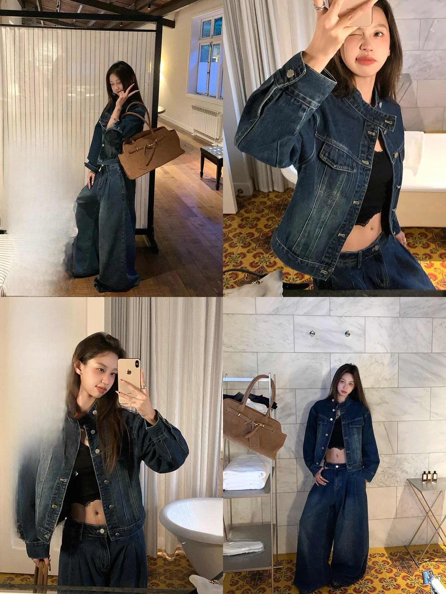 

Retro Waed Soft Denim Jaet And Wide Leg Pants Set Women's Faion Ensemble Autumn Collection Straight Cut Button up Cardigan