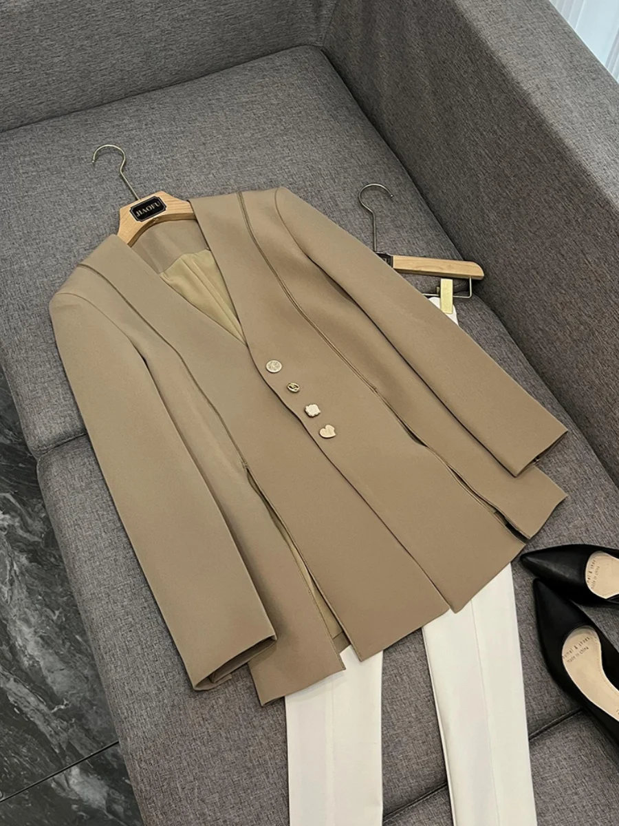 

Ele Camel V-Ne Long Sve Suiting, женская повседневная верхняя одежда, свободное пальто миди, зимняя модная верхняя одежда для поездок на работу