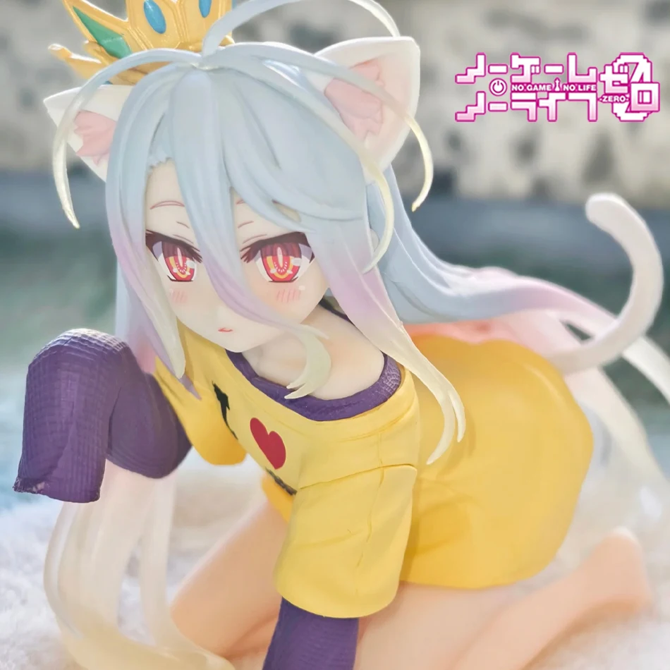 En stock anime sin juego sin vida: zero shiro escritorio linda figura blanca para camiseta con orejas de gato 10cm modelo figura de juguete adornos presente