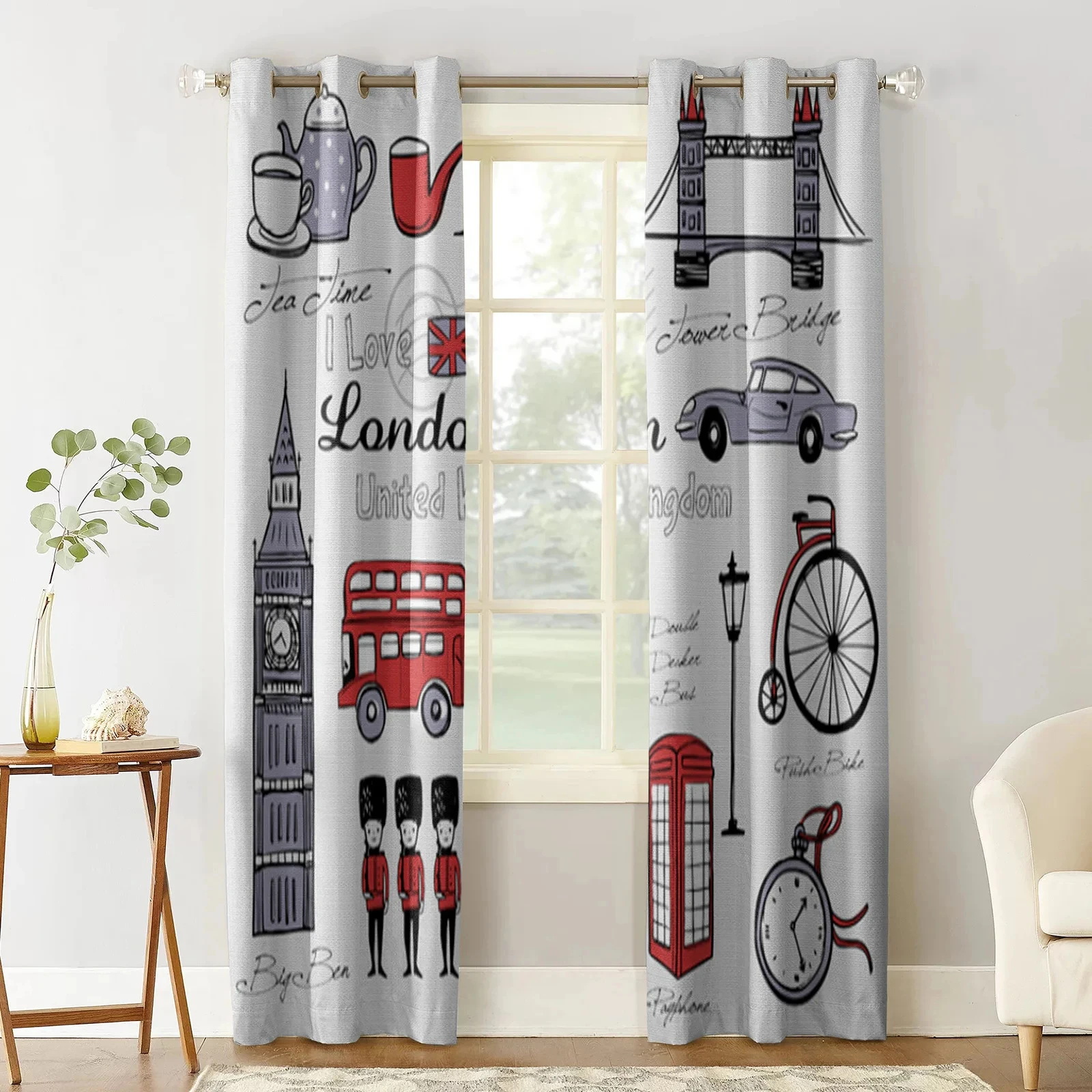 London Building Red Bus Bicycle Window Curtains for Living Room Home Decor Child Bedroom Living Room Kitchen Curtains Drapes