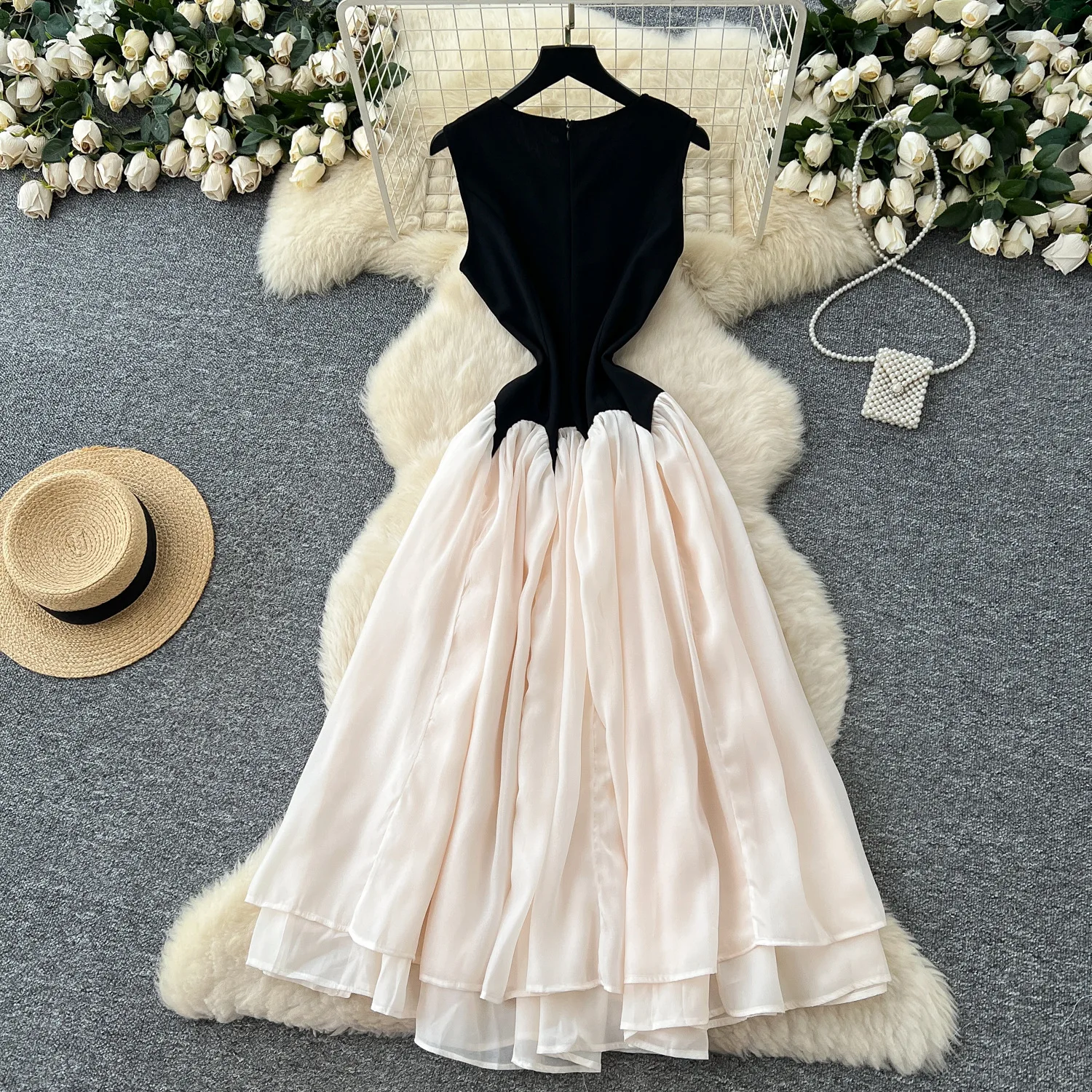 

Women Dress Long Dresses A Line High Waist Vestidos Round Neck Sleeveless Party Night Elegant Splice Y2k Streetwear Summer 2025
