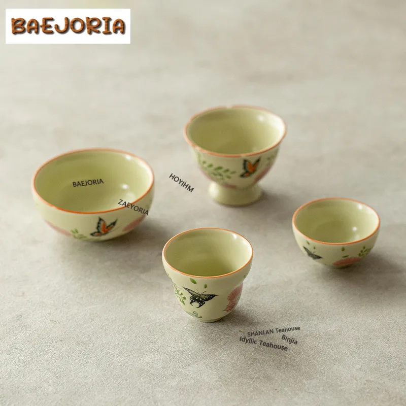 手描きのアルビジアの花と蝶のティーカップ、ヴィンテージティーボウルカップ、お茶用、茶試し用、香りを嗅ぐカップ、茶禅マスターカップ、カフェ用