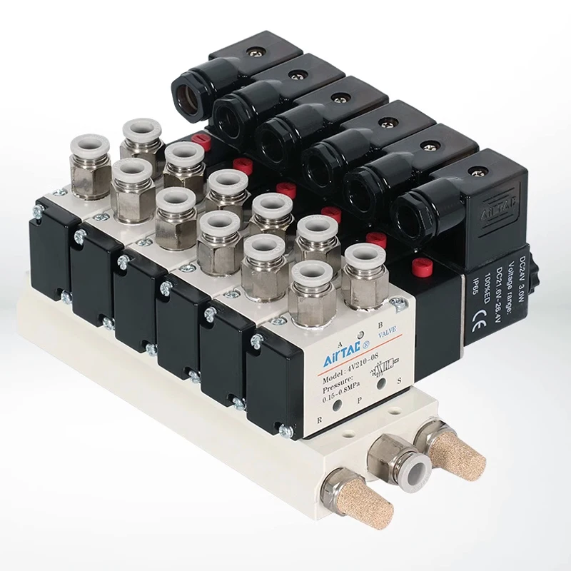 4V210-08 Manifold Stations DC12V 24V AC220V With Fittings 5 port 2 position Solenoid Valves Solenoid Valve Multi-way Com