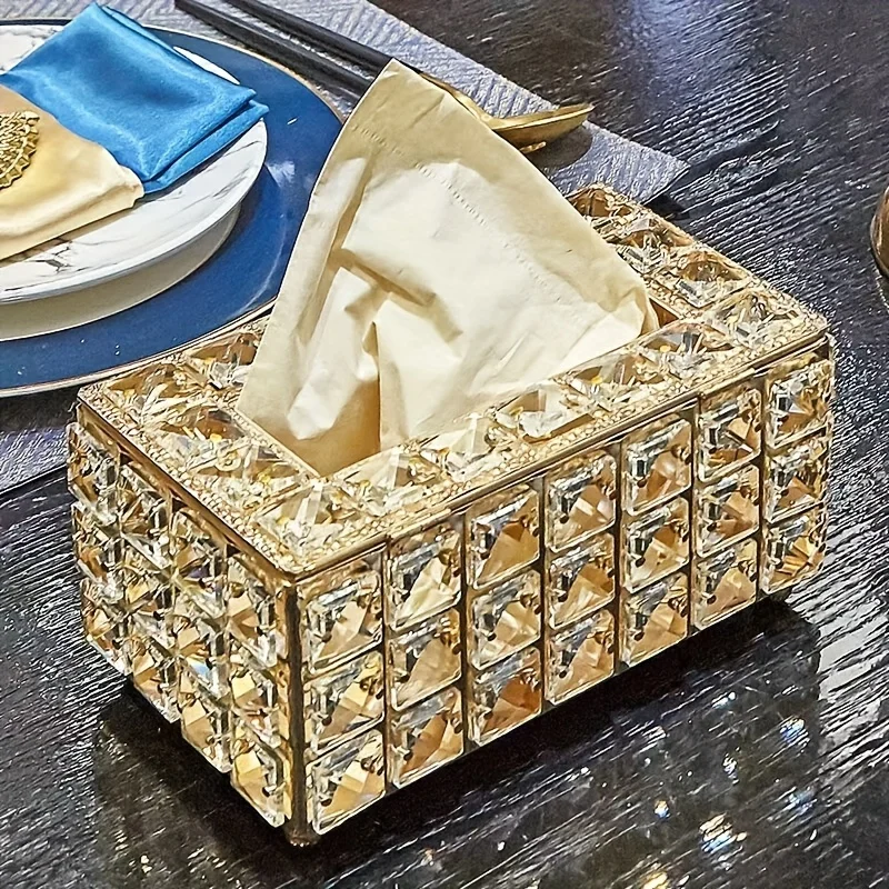 

Luxury Crystal Tissue Box Holder - Elegant Gold & Silver, Square Napkin Dispenser For Living Room, Bathroom Decor & Gifts