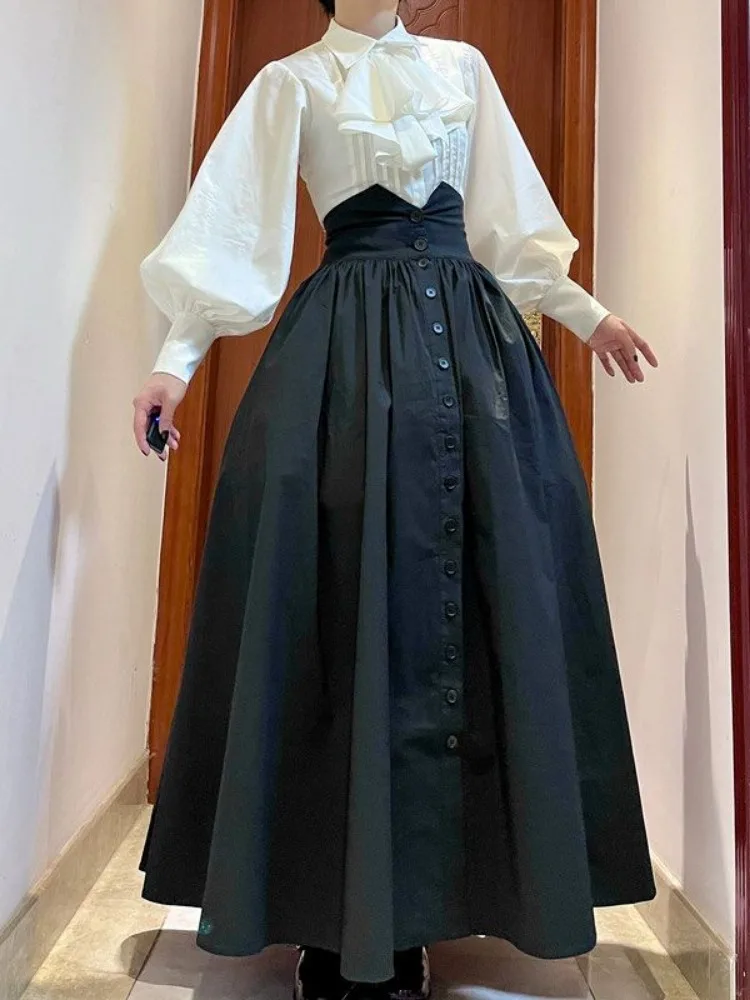 Elegant Long Skirt Women 2024 Faldas Mujer De Moda High Waist A-line Jupe Y2k Aesthetic Single Breasted Pleated Long Skirt Femme