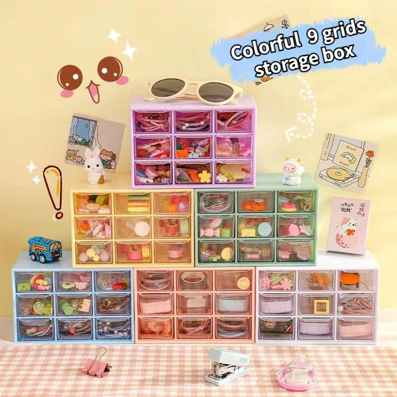 Desktop 9 Grid Storage Boxes Organizer Transparent Small Drawer Partitioned Student Desk Wall-mounted Sundries Storage Box Cute