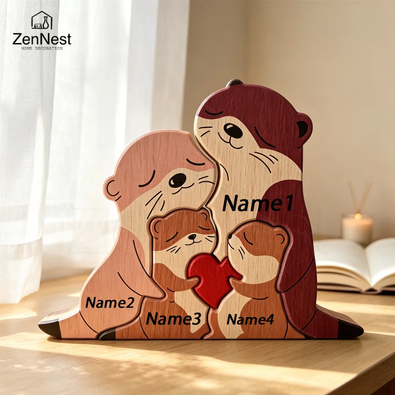 Cute Otter Family Wood Puzzle Ornament Red Heart Tabletop Decor Mother's Day Christmas Birthday Home Office Souvenir Gift